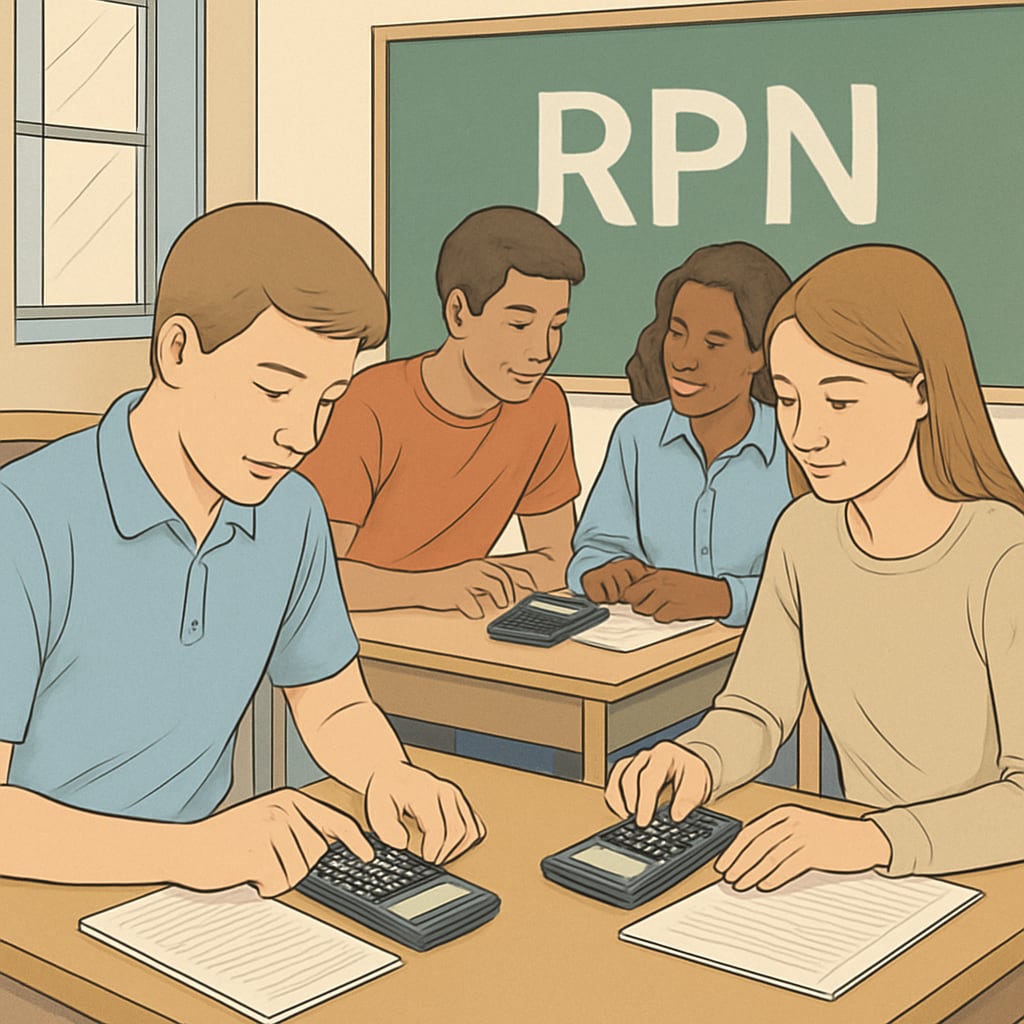 A general image of students using calculators in a classroom setting, highlighting the application of RPN calculators in education. Students in a classroom using calculators, including RPN models, for math learning.