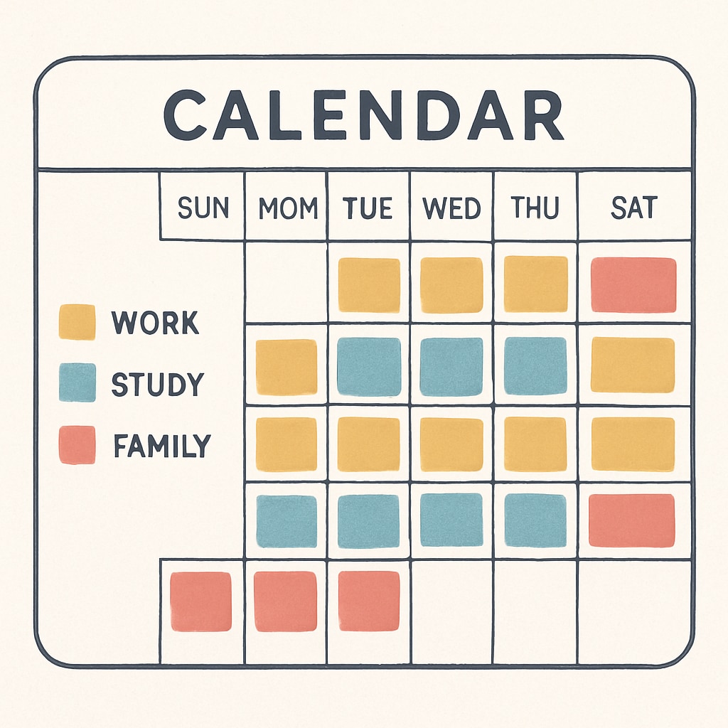 A calendar with color-coded blocks for work, study, and family time, showcasing efficient time management. A color-coded calendar for managing work, studies, and personal time effectively.