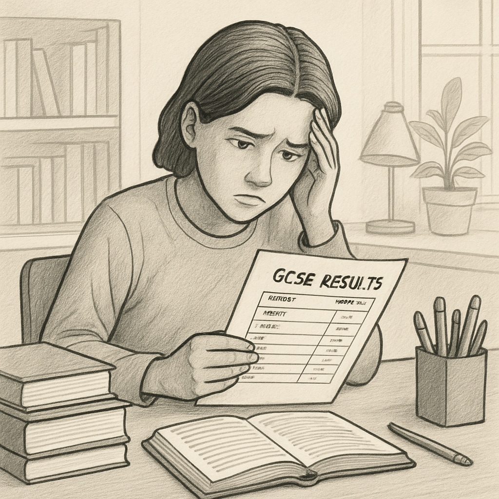 Student analyzing GCSE results with a worried expression.