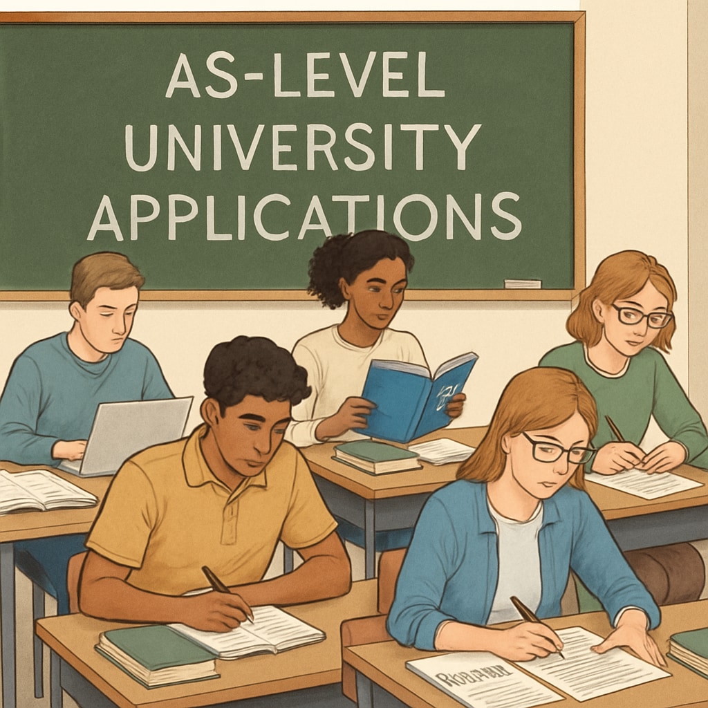 A classroom setting with students preparing for university applications, focusing on AS-level qualifications. Students working on AS-level university applications in a classroom setting