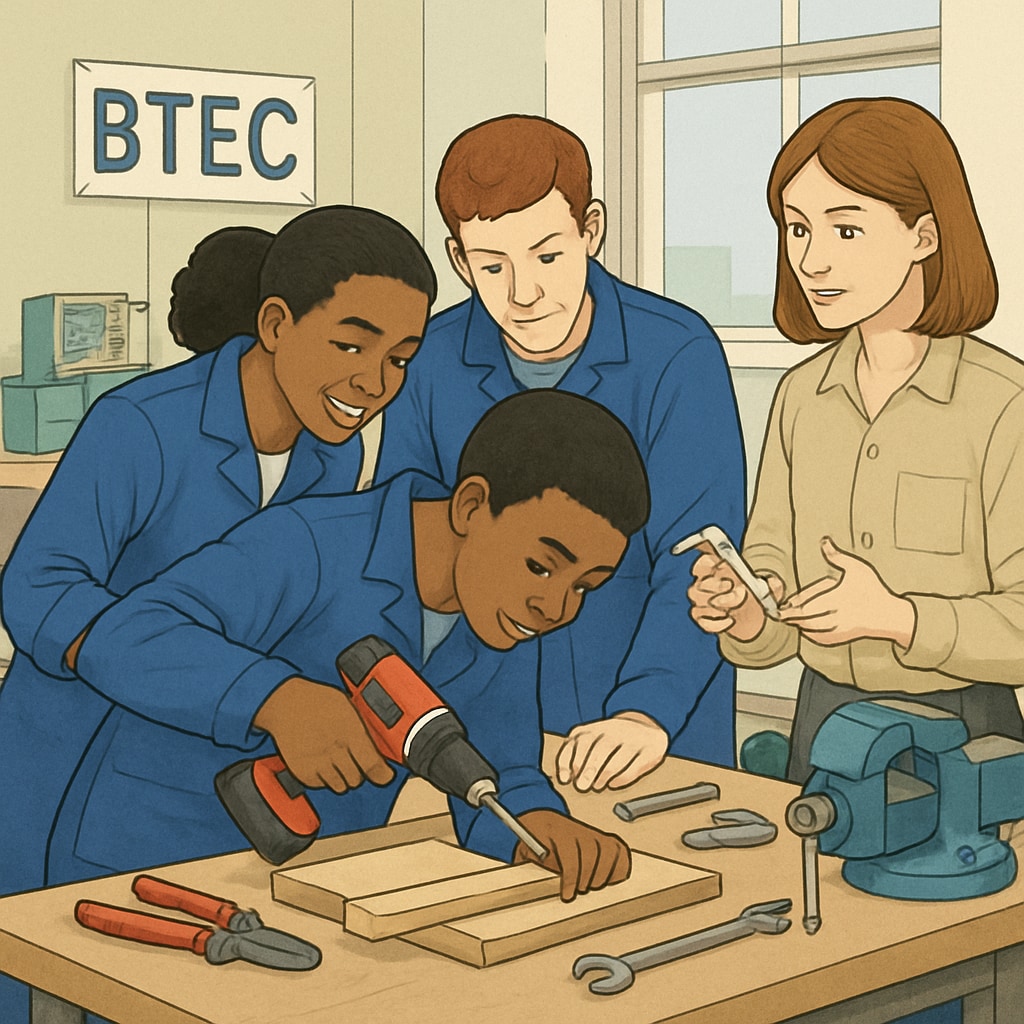 Students participating in a BTEC workshop, learning practical skills.