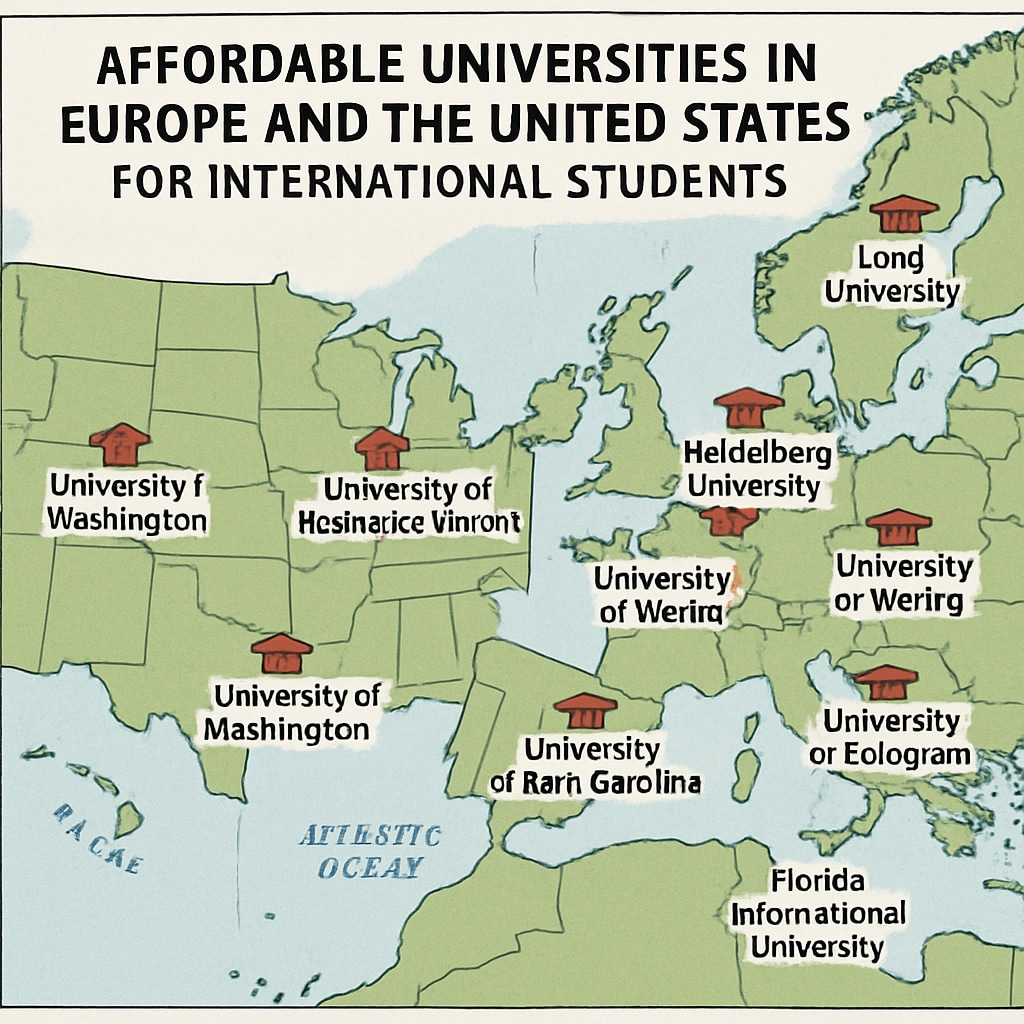 A map highlighting affordable universities in Europe and the United States for international students. Map showcasing affordable universities in Europe and the USA for AS-level students