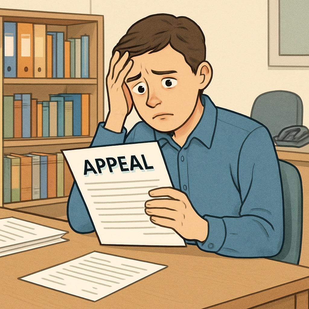 A frustrated student sitting in a school office, holding appeal documents while looking anxious. This image highlights the emotional toll of navigating complex academic appeals. A student facing challenges in academic appeals and grade disputes.