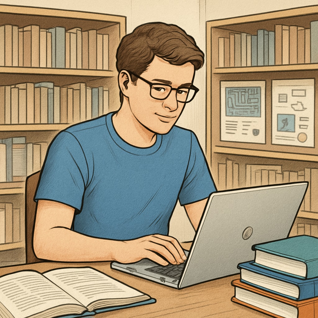 A university student researching IT and technology majors on a laptop in a library setting. University student browsing IT and technology career options on a laptop.