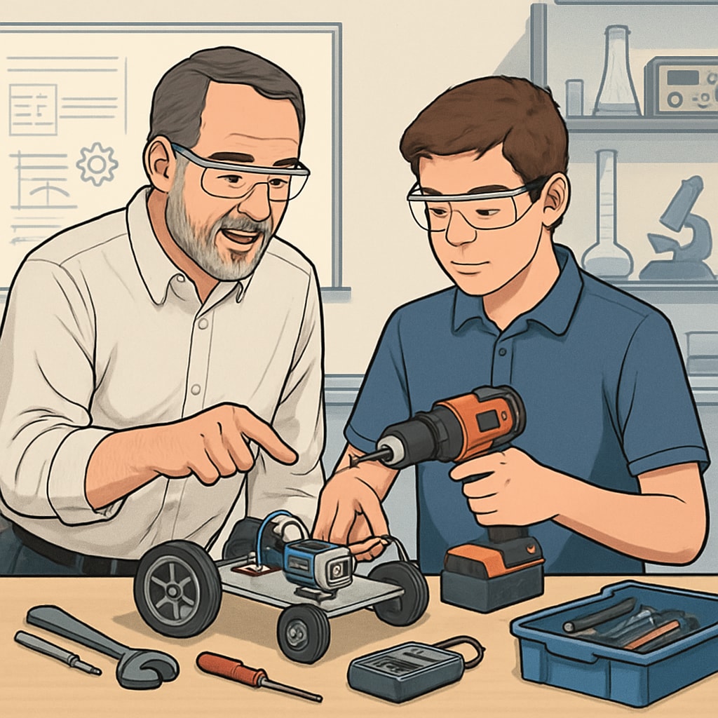A mentor guiding a high school student in a hands-on STEM project, emphasizing both academic and practical skills for career readiness. Mentor and student working on a hands-on STEM project to prepare for future careers.