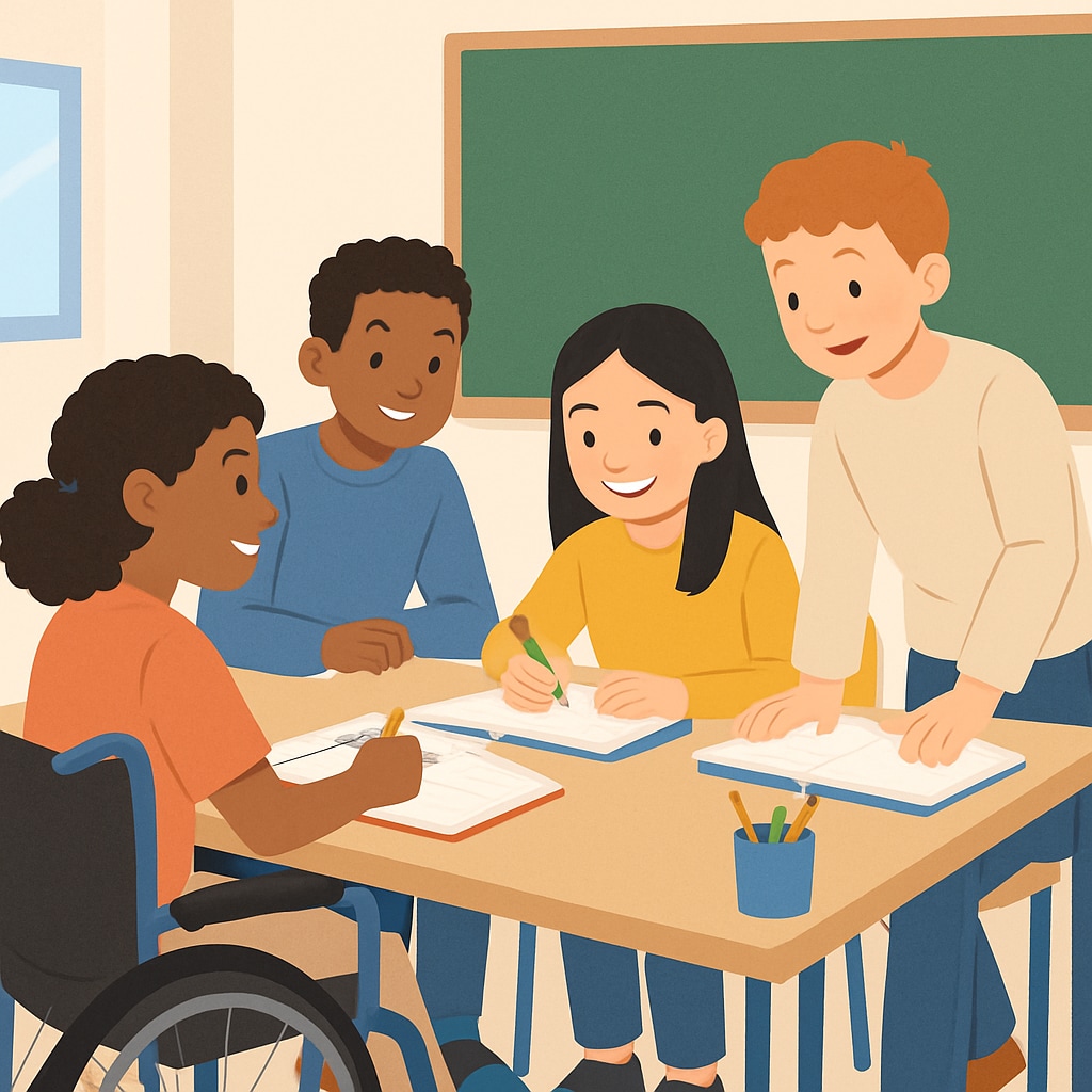 A visually engaging photo of a diverse group of students, including one in a wheelchair, in a classroom setting. Diverse group of students in a classroom, including one with special education needs.