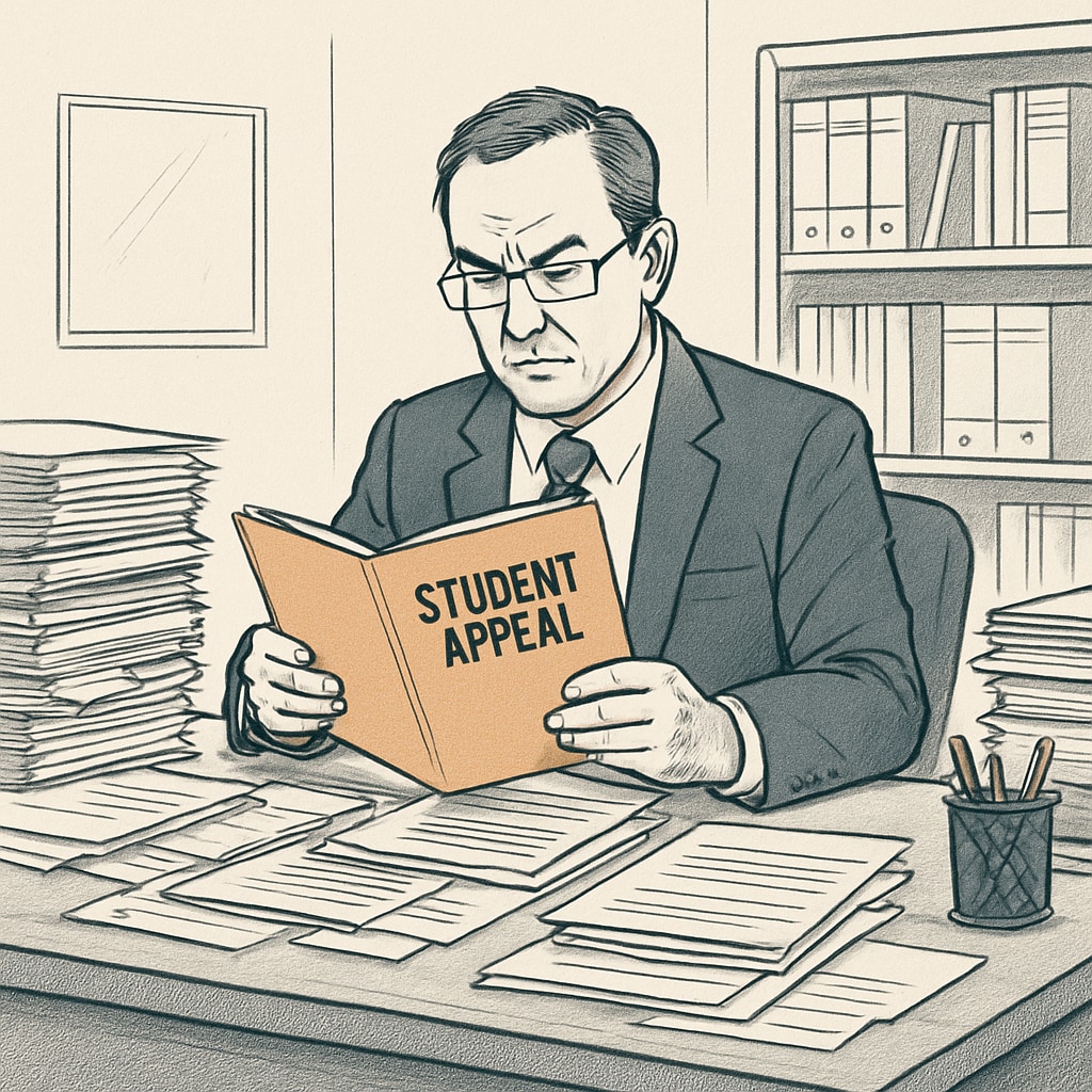An administrator reviewing a student’s appeal file, showcasing disorganized paperwork and inefficiencies in the system. This image emphasizes the need for transparency and streamlined processes. Administrator evaluating grade appeal documents in a disorganized setting.