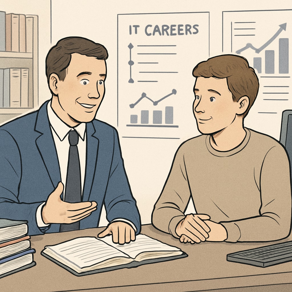 A mentor guiding a student through career options in the IT industry. Mentor discussing IT career opportunities with a student.