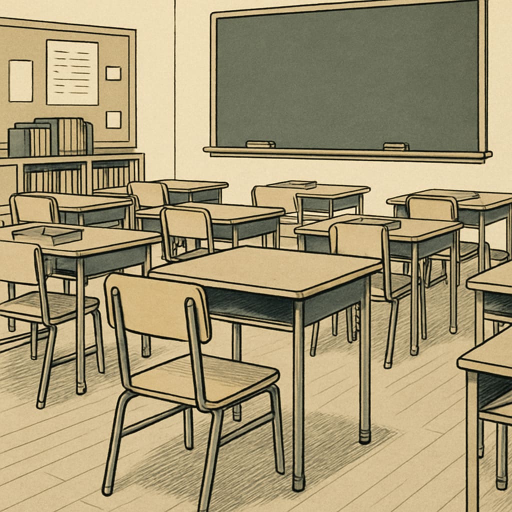 An elementary school classroom with an empty desk, symbolizing the concept of student isolation as a disciplinary measure. An empty desk in an elementary school classroom, representing student isolation in discipline.