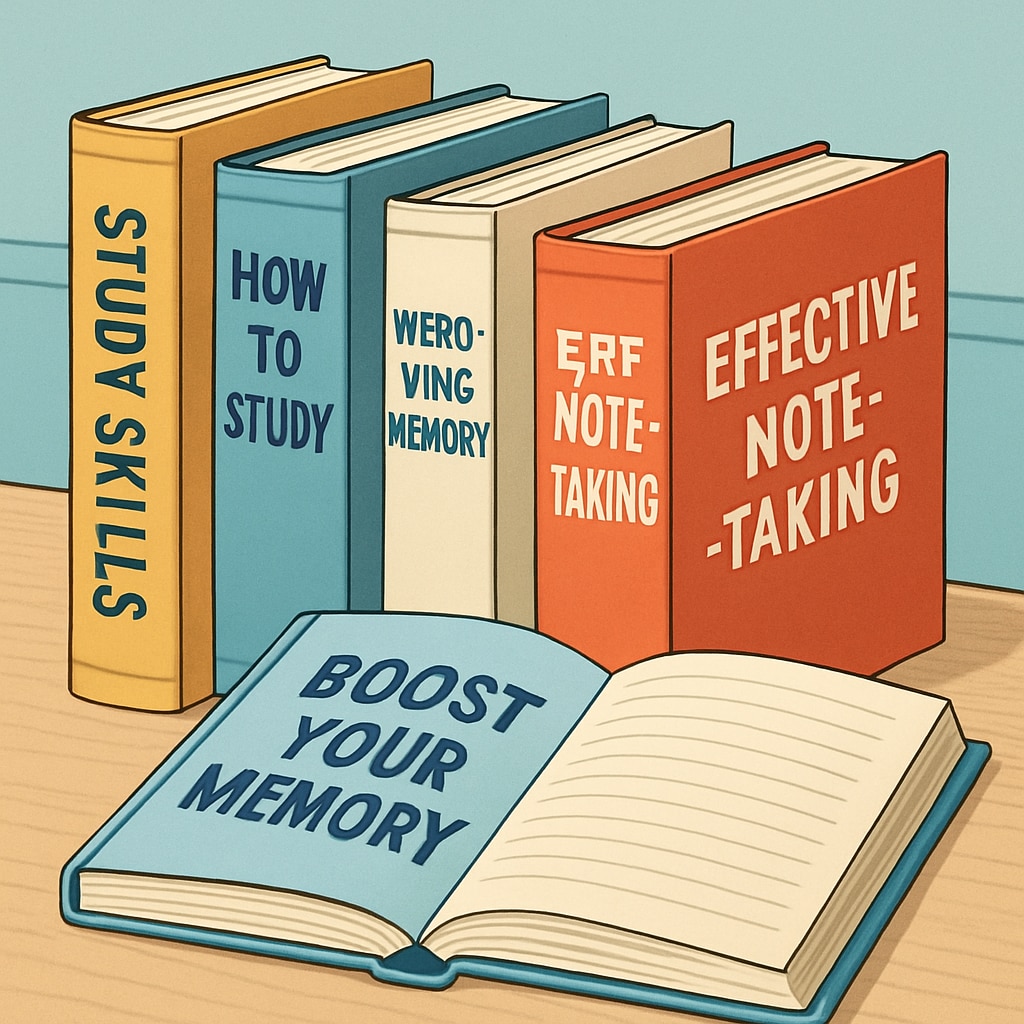 A selection of books on study techniques and memory retention, displayed on a desk. Books on study techniques and memory retention for teens.