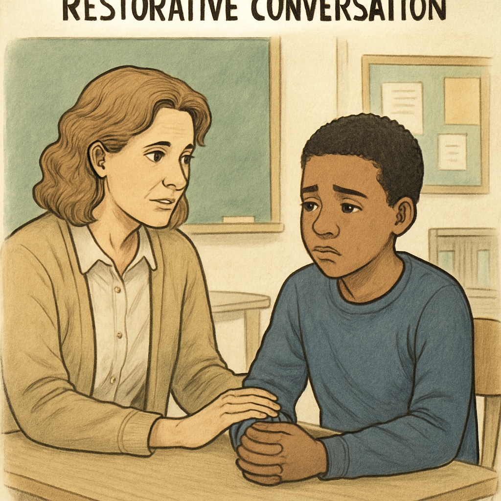 A teacher engaging in a restorative conversation with a student, illustrating alternatives to punitive discipline. A teacher and student in a restorative dialogue as an alternative to punitive isolation.