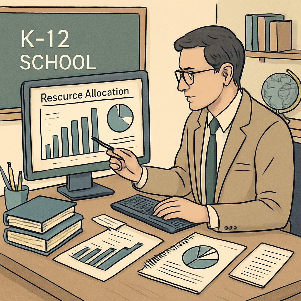 A professional analyzing data for resource allocation in a K12 school setting. Image of a business analyst reviewing data for improving resource allocation in a K12 school.