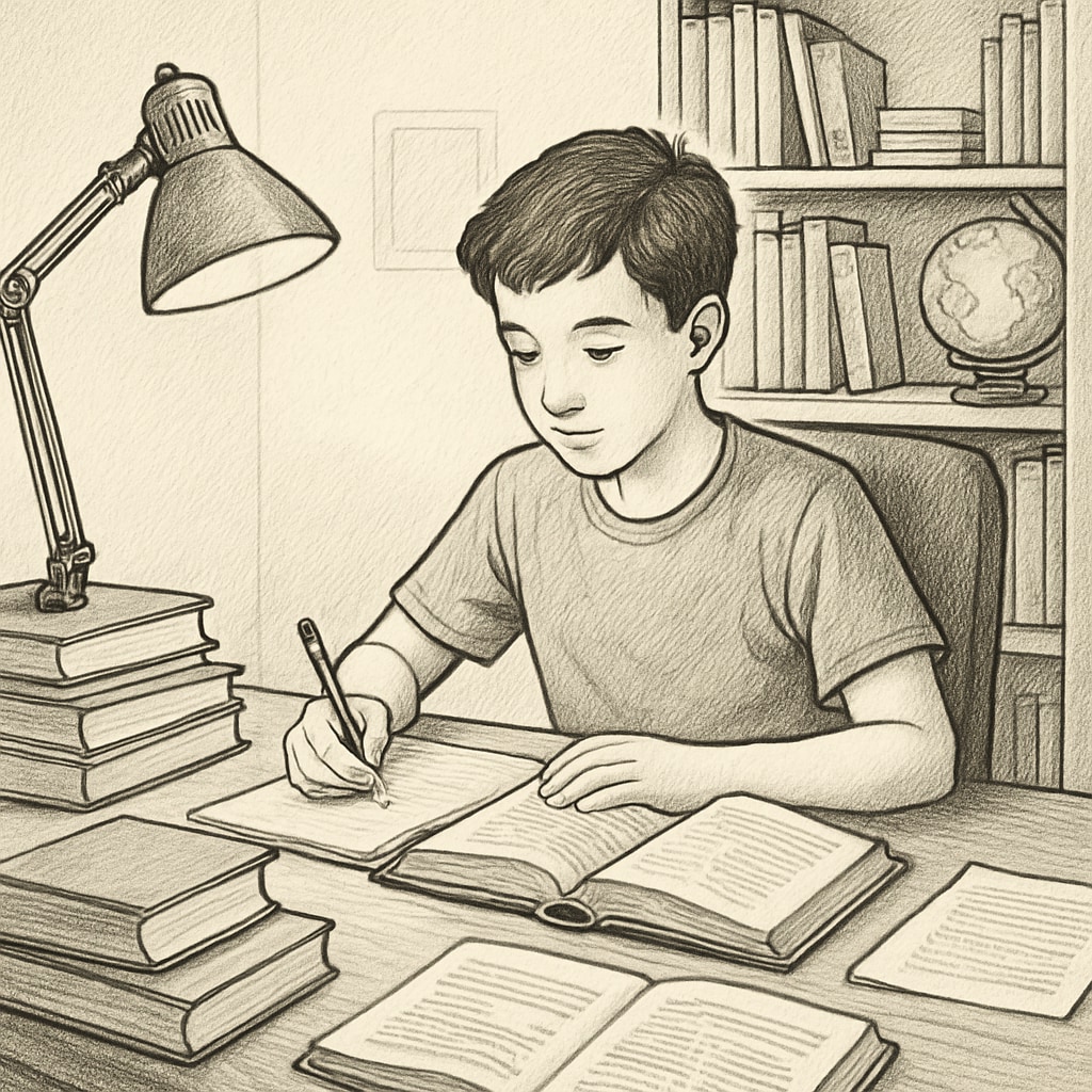A student studying at home with books and work materials, illustrating academic and professional balance. High school student managing studies and a part-time job at home.