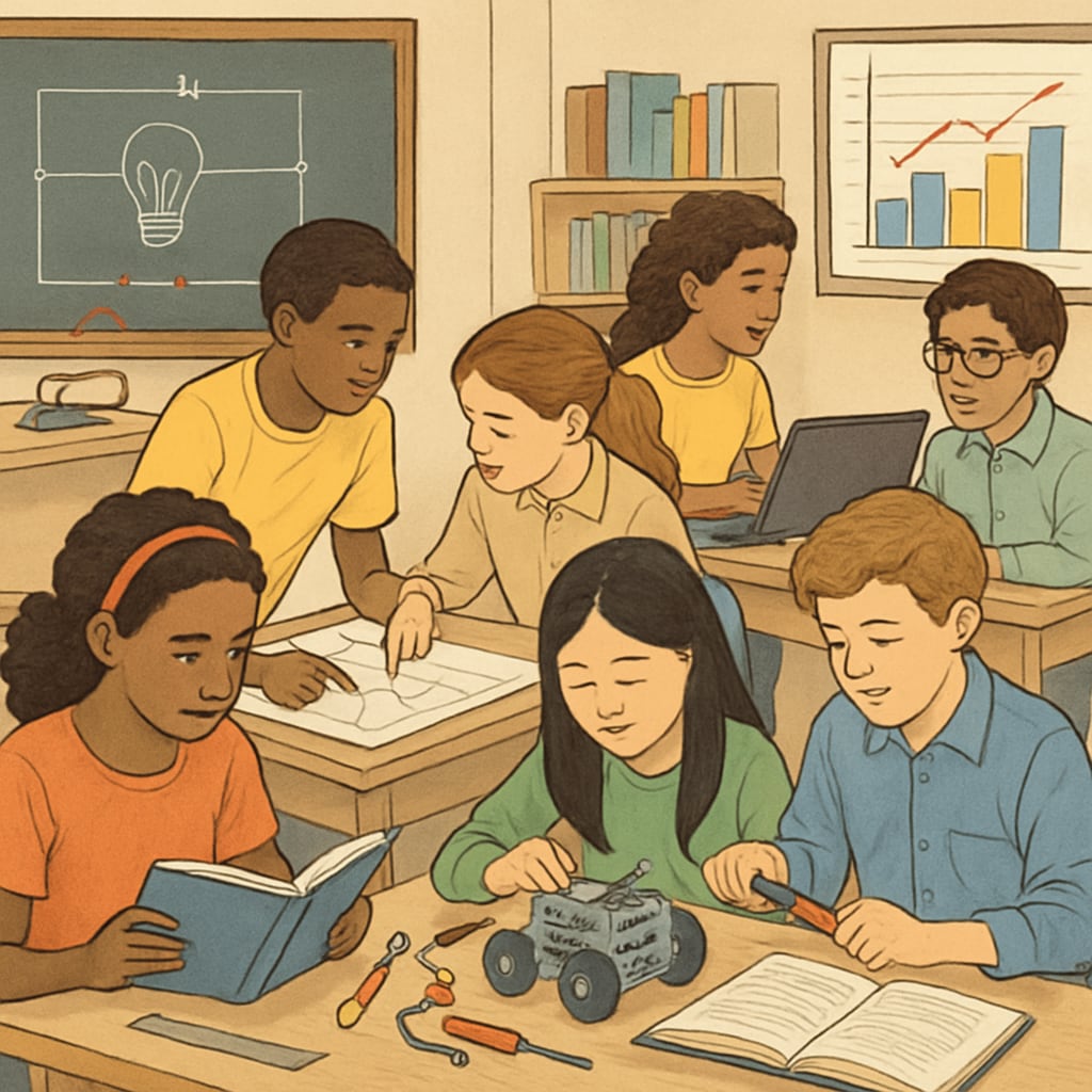 A classroom of diverse students engaged in collaborative, hands-on learning, emphasizing the development of critical thinking and adaptability. Students in a classroom learning hands-on skills to prepare for an AI-driven future.