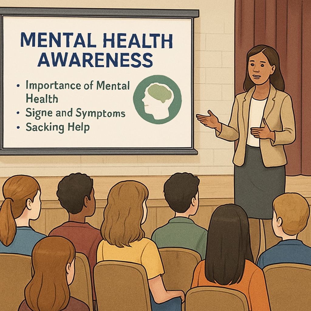 A group of high school students attentively listening to a presenter in a school auditorium discussing mental health awareness. High school students listening to a mental health awareness presentation during an assembly.
