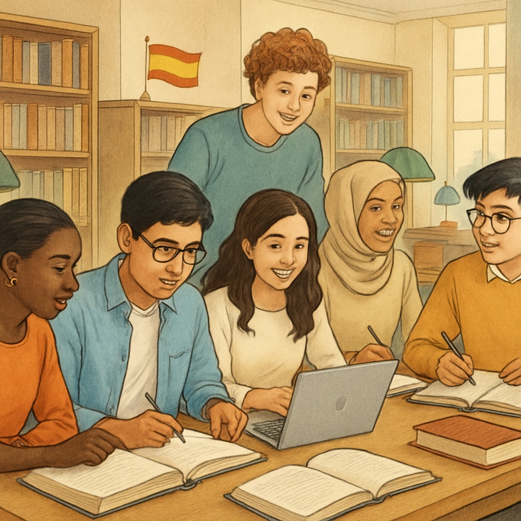 A diverse group of students studying together in a library in Spain, highlighting cultural and linguistic diversity. Students in a Spanish library, emphasizing multicultural learning environments.