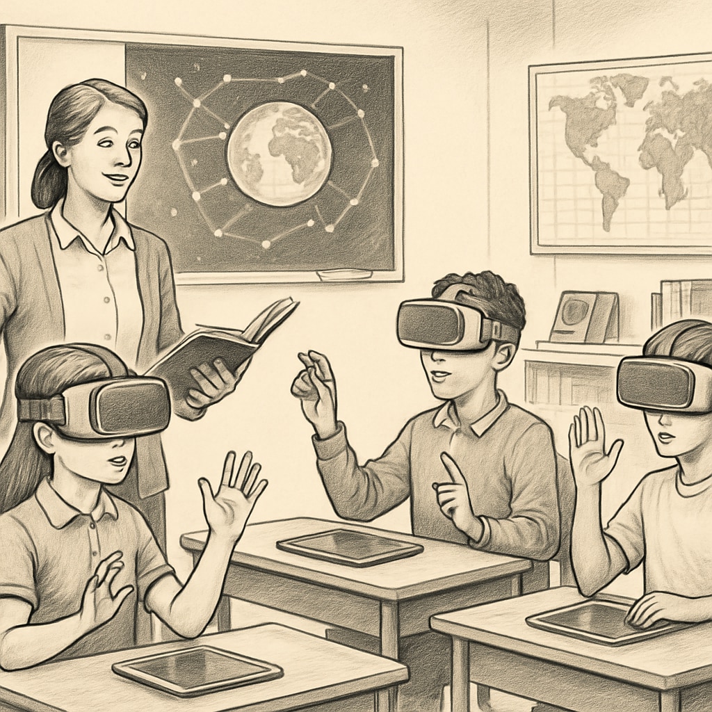 A teacher guiding students through a VR-based educational program, showcasing the integration of advanced technology in K12 education. Teacher and students using VR technology for immersive learning experiences.