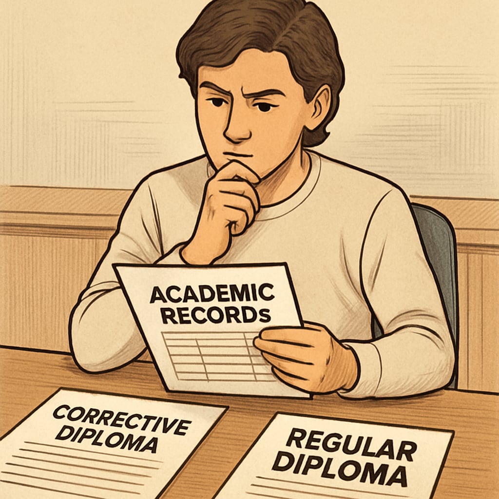 A student sitting at a desk, reviewing academic records and looking contemplative, symbolizing the decision to transition from a corrective to a regular diploma. Student reviewing records for diploma transition