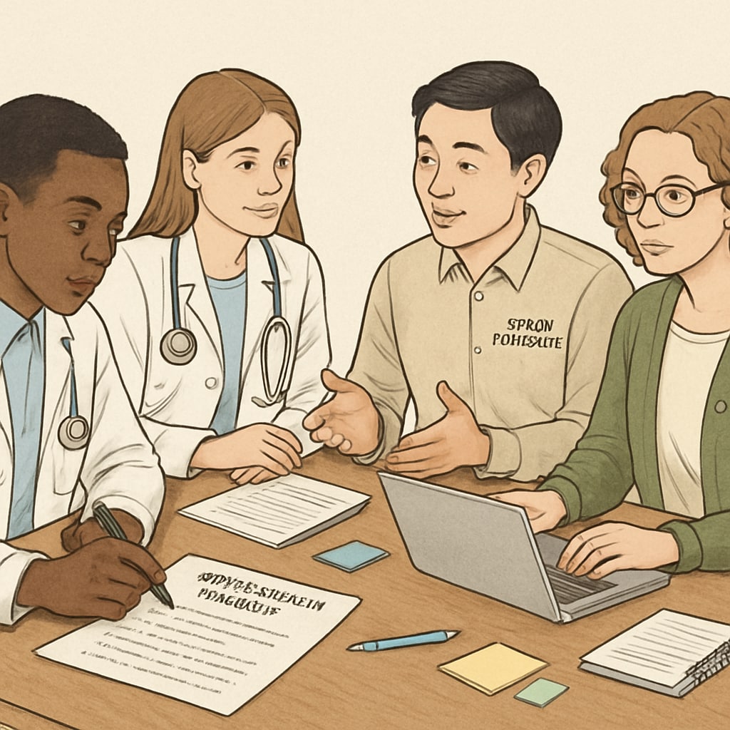 Medical students collaborating with school counselors to plan a mental health assembly, sitting around a table with documents and laptops. Medical students and school staff planning a mental health education event for high school students.