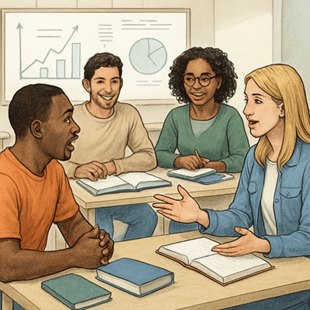 A group of students in a community college classroom, engaging in a discussion, representing one of the pathways to transition from a corrective to a regular diploma. Community college students discussing diploma transition options