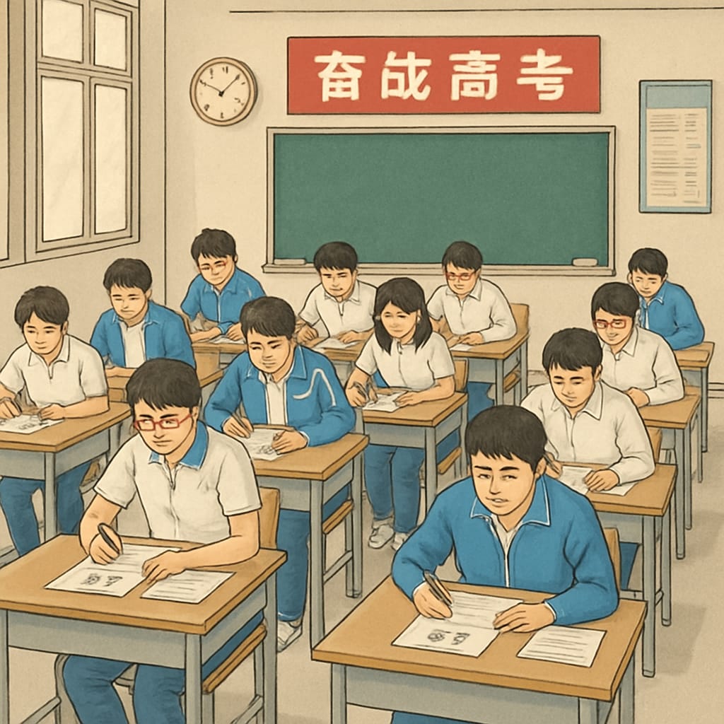 A classroom setting with students taking a standardized exam, symbolizing China's focus on exam performance and competition. Students in a Chinese classroom taking standardized exams, highlighting exam scores and competition.