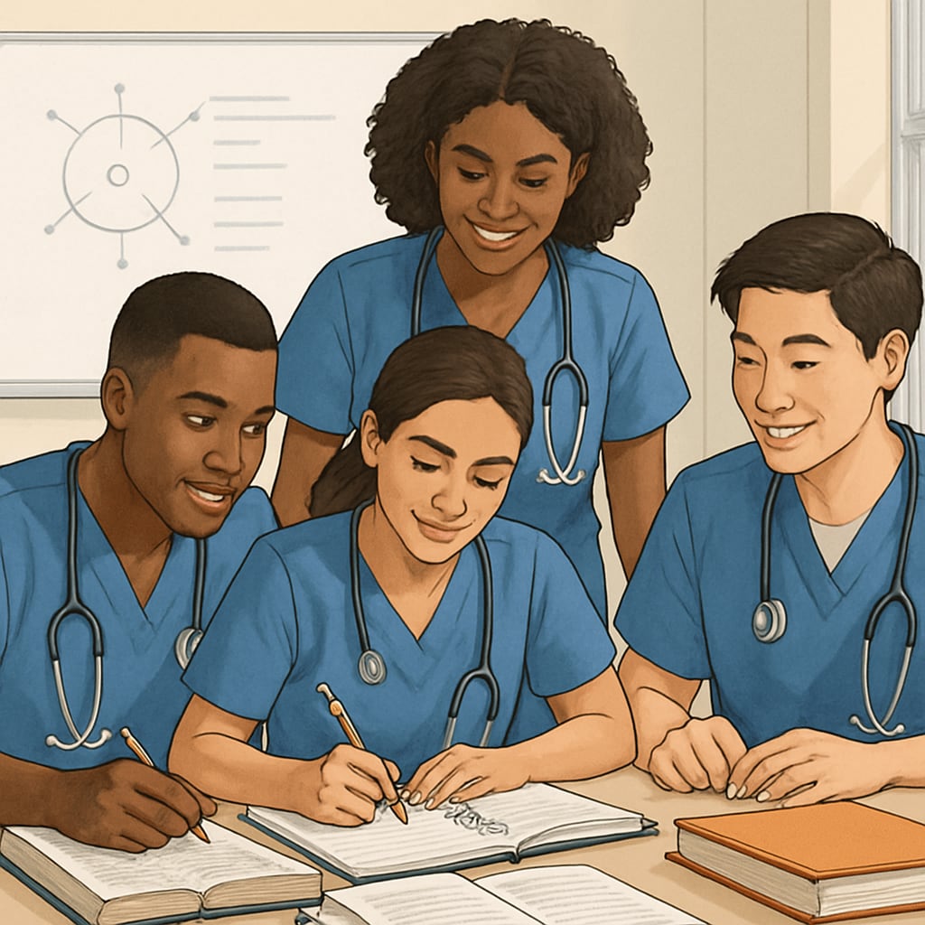 A diverse group of nursing students studying together in a classroom setting. Nursing students studying together, related to transfer application and nursing education.