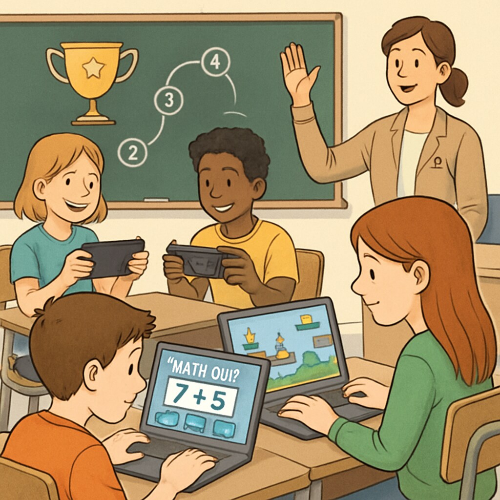 A classroom of students engaged in gamified learning activities using laptops and gaming consoles. Students participating in gamified learning, incorporating GameClass and NASEF tools.