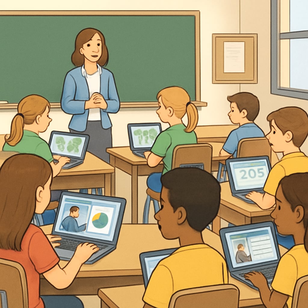A classroom setting with students using laptops to access educational content online. The image emphasizes the role of internet access in modern education and how restrictions impact learning. Students in a classroom using laptops, illustrating the impact of age verification and internet censorship on education.