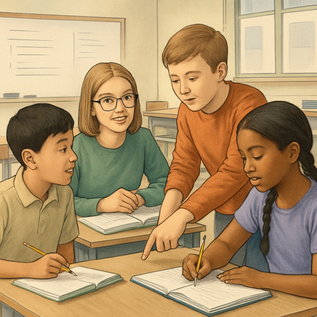 Students participating in a group project in a U.S. classroom, showcasing collaboration and diverse learning styles. U.S. students working on a group project, emphasizing collaboration and inclusivity.