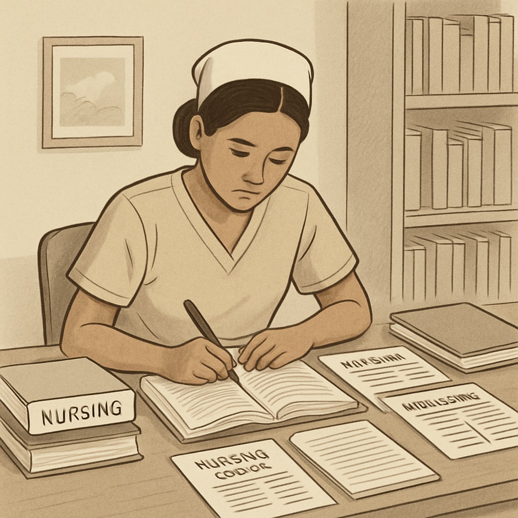 A nursing student reviewing textbooks and application forms at a study desk. Nursing student preparing for transfer applications and studying nursing materials.
