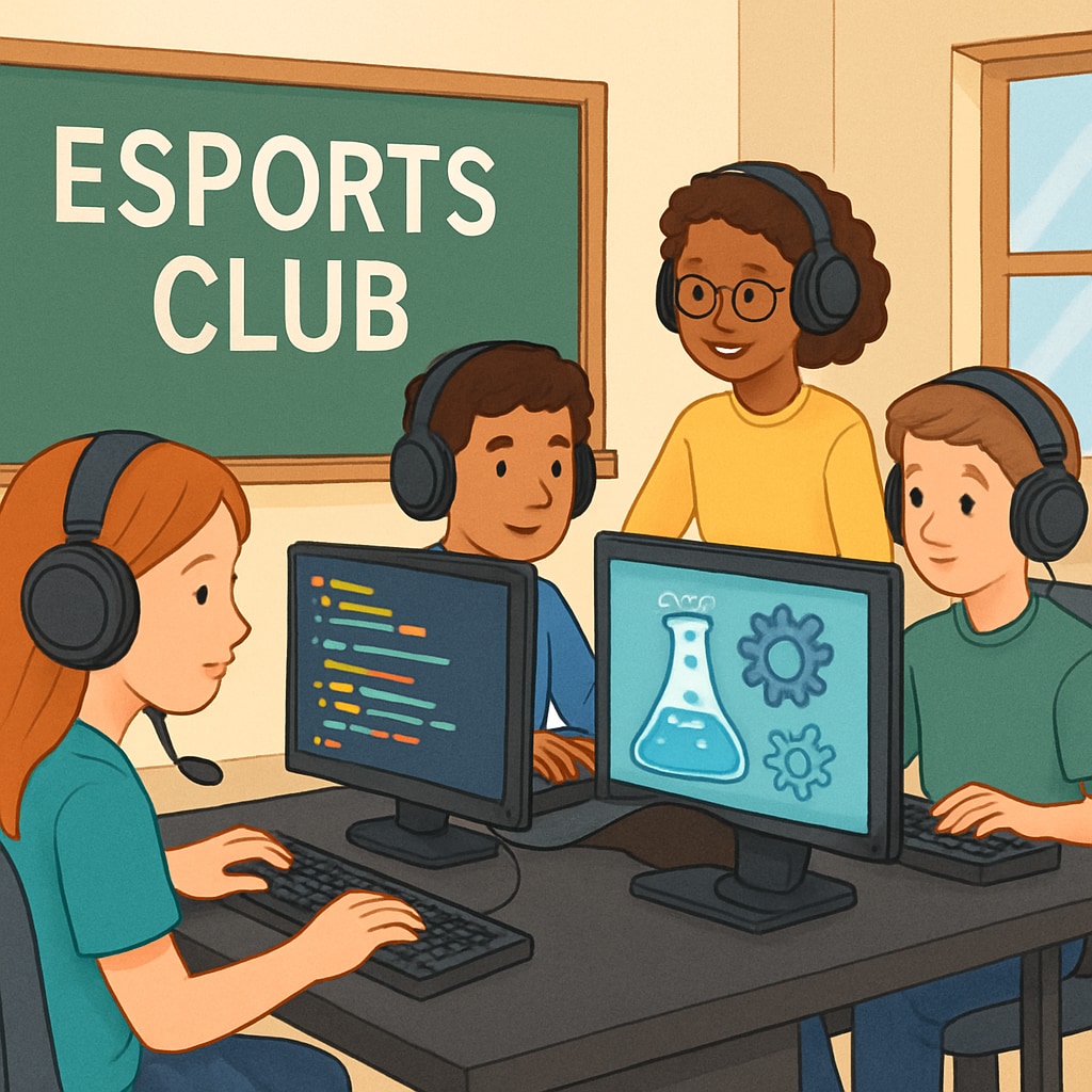Students in an esports club using gaming equipment to learn coding and STEM concepts. Esports club students learning STEM concepts through gamified platforms supported by GameClass and NASEF.