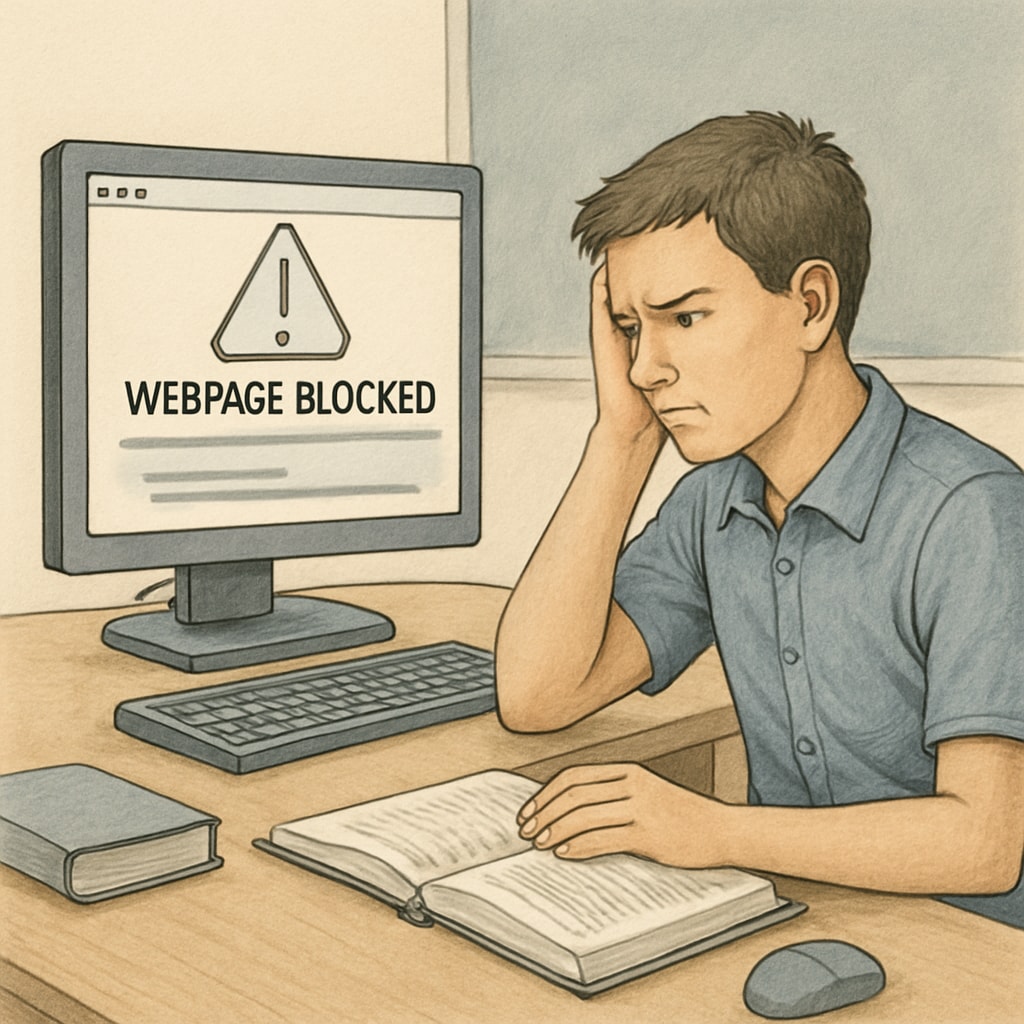 A student struggling to access an online educational resource due to a blocked webpage notification. The image highlights the challenges caused by content restriction laws. Student facing a blocked webpage notification, symbolizing content restrictions in education.