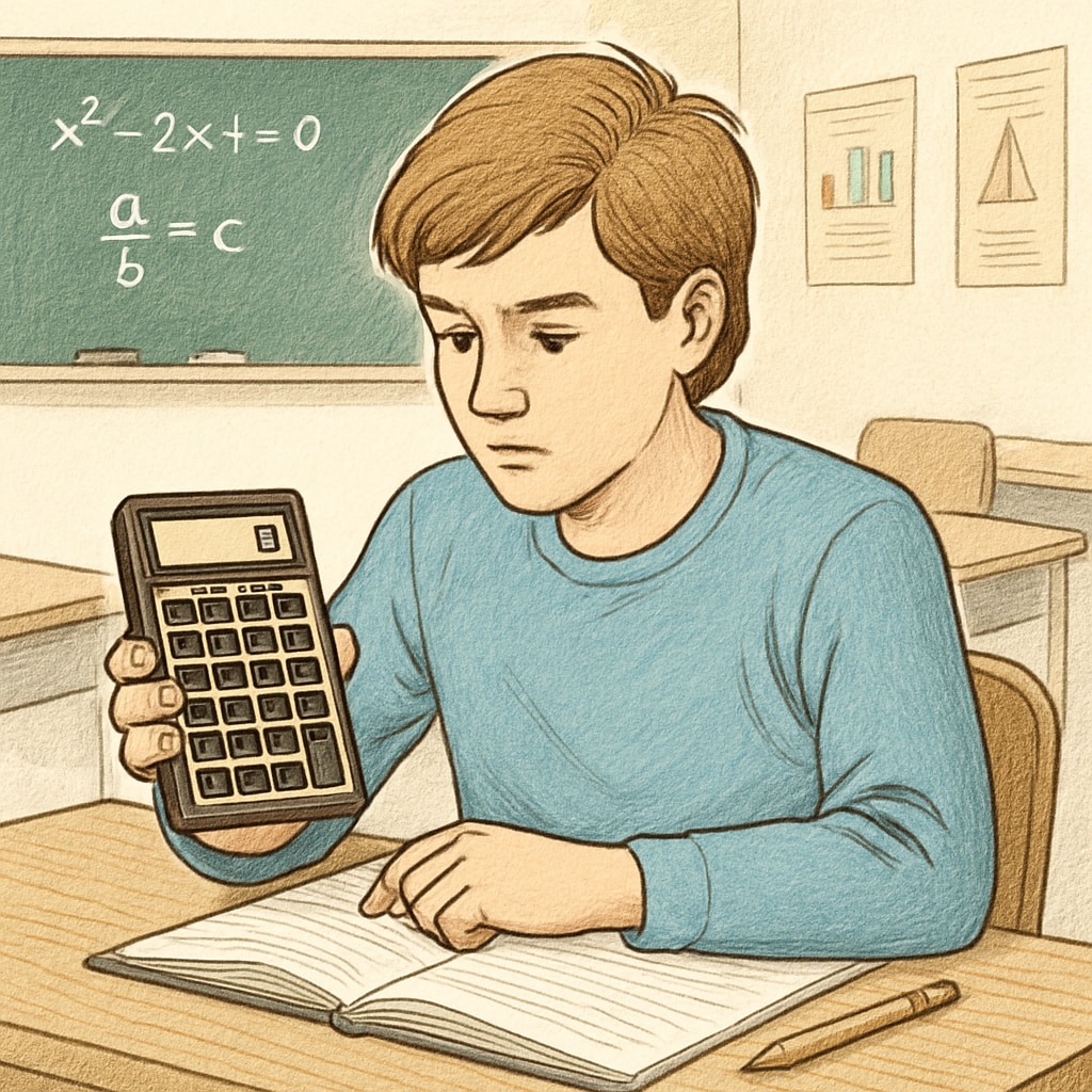 A high school student using an RPN calculator during a math class, demonstrating its clear interface and sequential input method. High school student with RPN calculator demonstrating sequential math input.