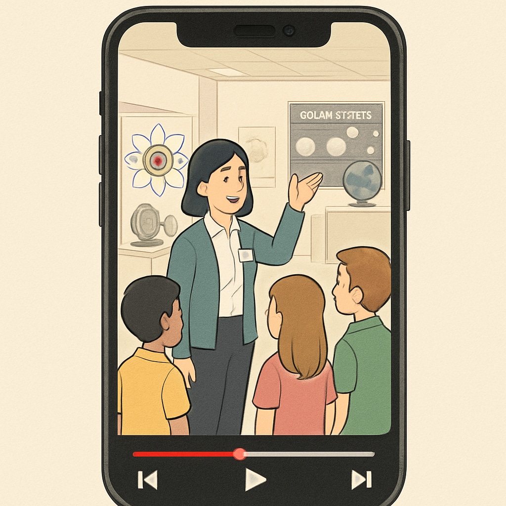 A short video being played on a smartphone, showing an educational tour at a science museum. Short video on educational tour at a science museum.