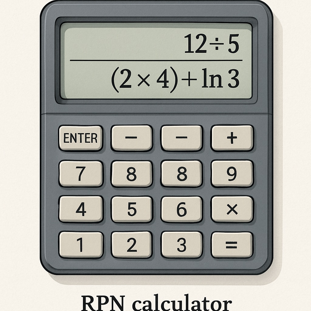 A close-up of an RPN calculator displaying a complex calculation, highlighting its operator-after-operand format. Close-up of RPN calculator showing operator-after-operand input.