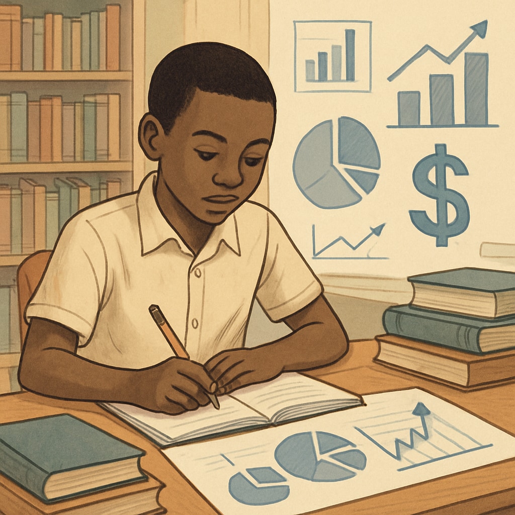 A young Malian student studying financial concepts in a library setting. Financial career opportunities for Malian students.