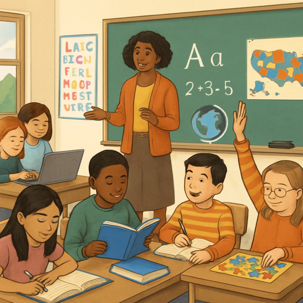 A classroom with diverse students engaging in activities, symbolizing public education’s community role. Diverse students in a classroom representing public schools’ community role.
