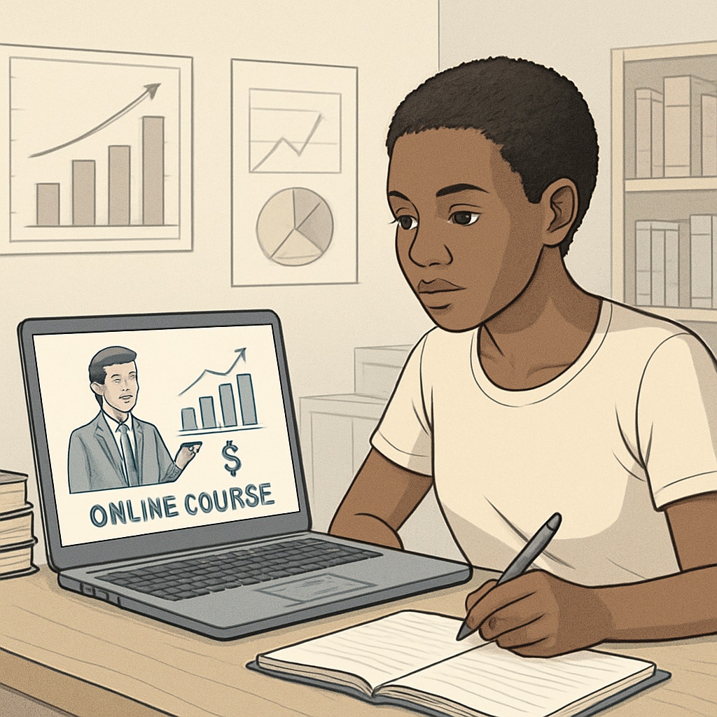 A Malian student participating in an online financial course on a laptop. Self-learning opportunities for financial students in Mali.