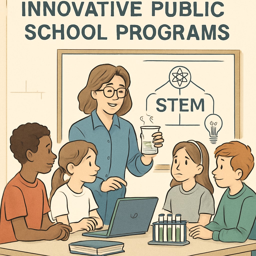 A teacher conducting a STEM experiment with students, showcasing innovative public school programs. A STEM experiment in a public school classroom highlighting innovation.
