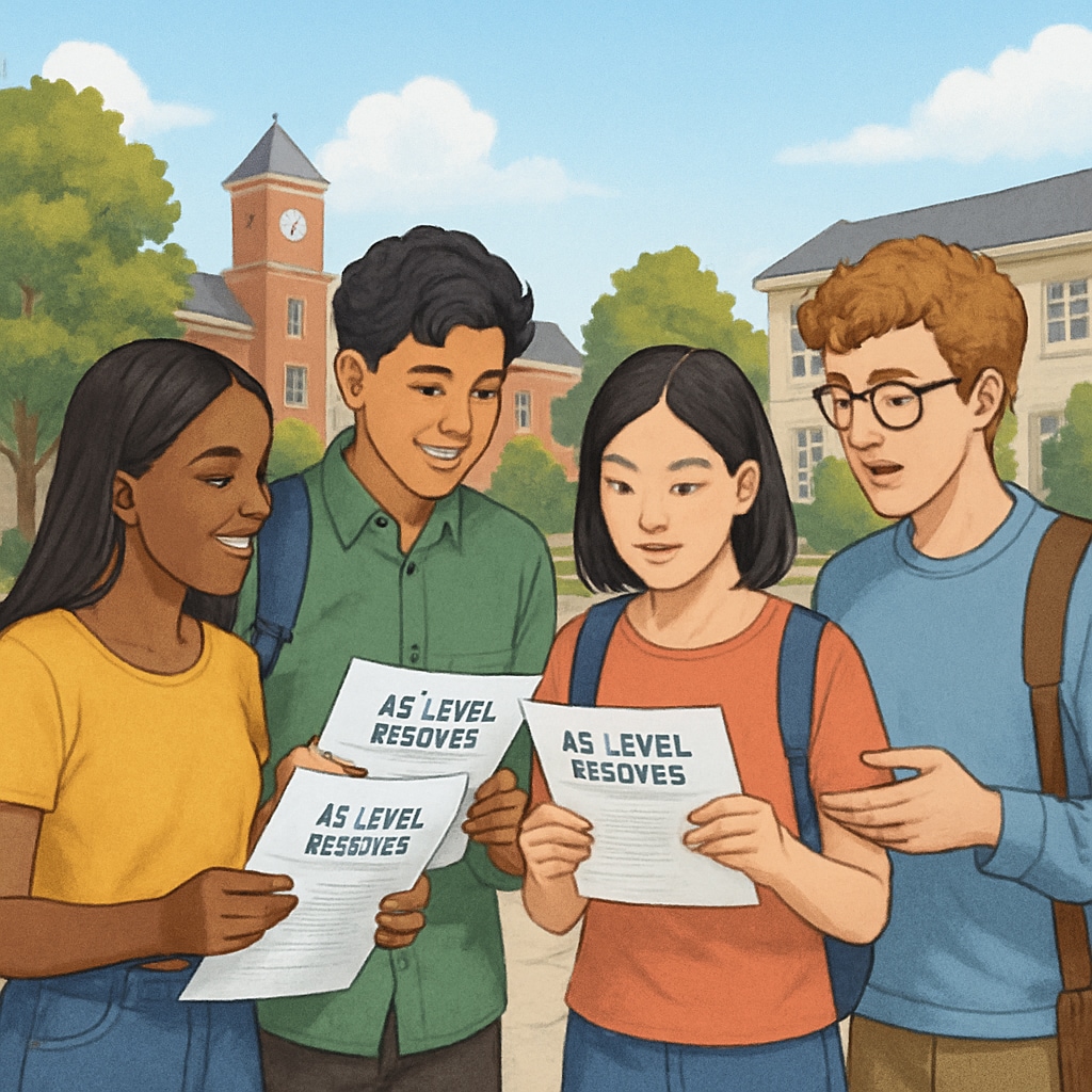 A group of international students reviewing AS-level results on a university campus. Students discussing AS-level results and university applications.