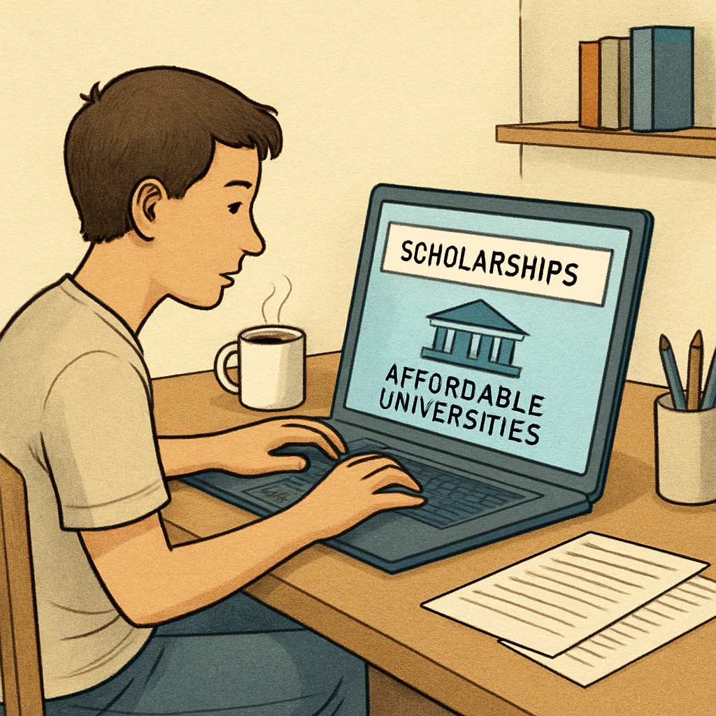 A student researching scholarships and affordable universities online. Student exploring affordable universities that accept AS-level qualifications.