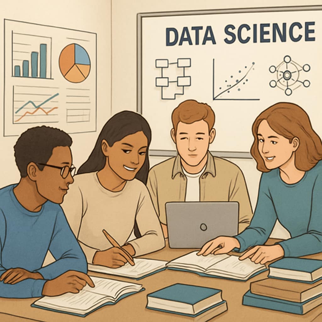 A diverse group of students studying data science concepts together in a classroom setting. Students studying data science in a collaborative classroom environment.