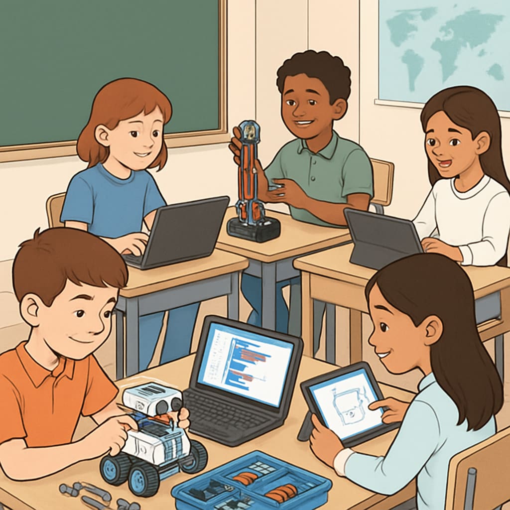 A classroom setting with students using STEM-focused educational technology, such as robotics kits or coding platforms. Students engaging with STEM-based educational tools combining engineering and education.