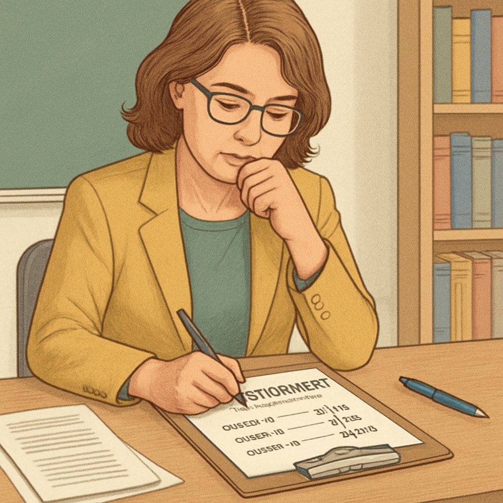 A teacher filling out a questionnaire during a job application process, with a focus on ideological questions. A teacher completing a political inclination test as part of Oklahoma’s hiring process.