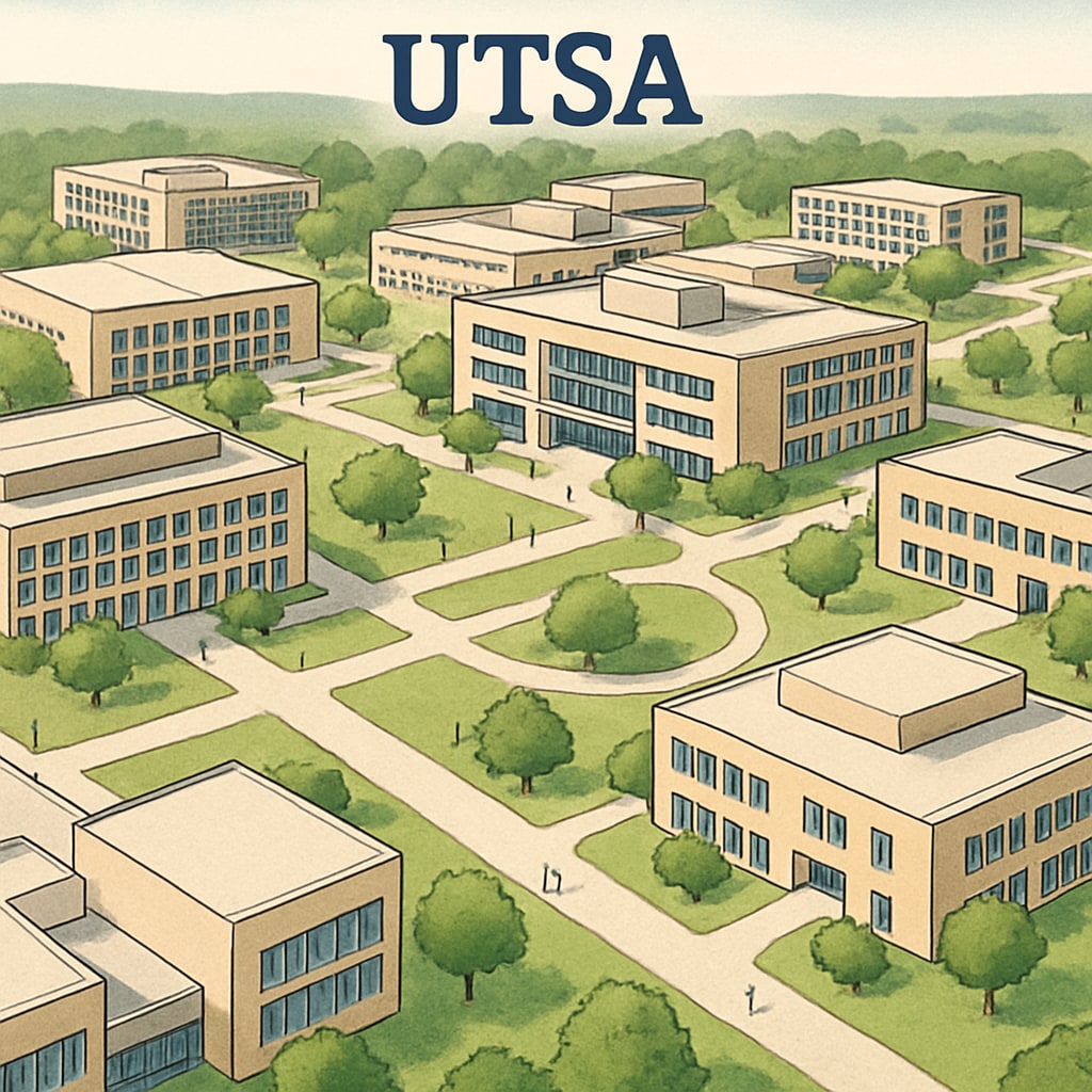Aerial view of UTSA campus showcasing modern academic buildings and green spaces. UTSA campus with academic buildings and greenery.