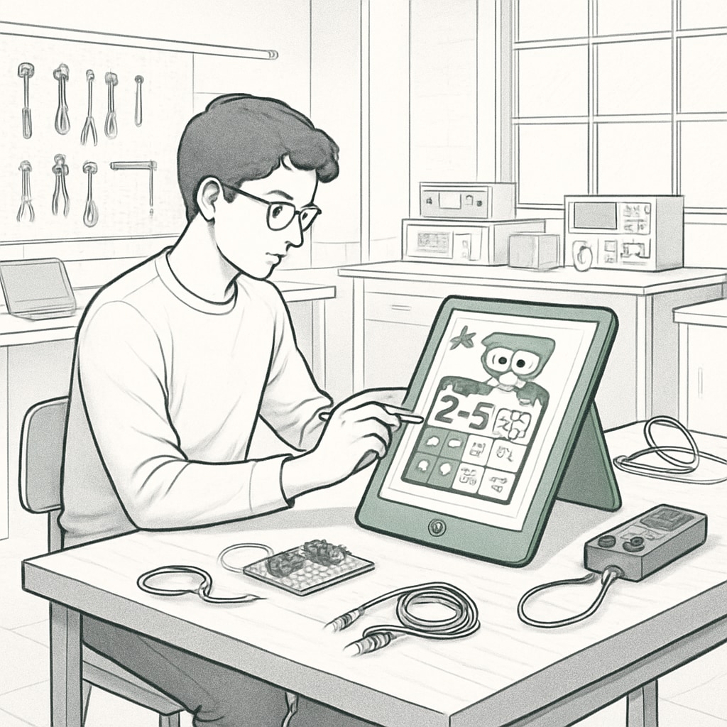 A student working on a prototype for an educational technology device, such as a smart learning tool or an interactive app, in a university lab. A student developing an educational technology device in a lab setting.