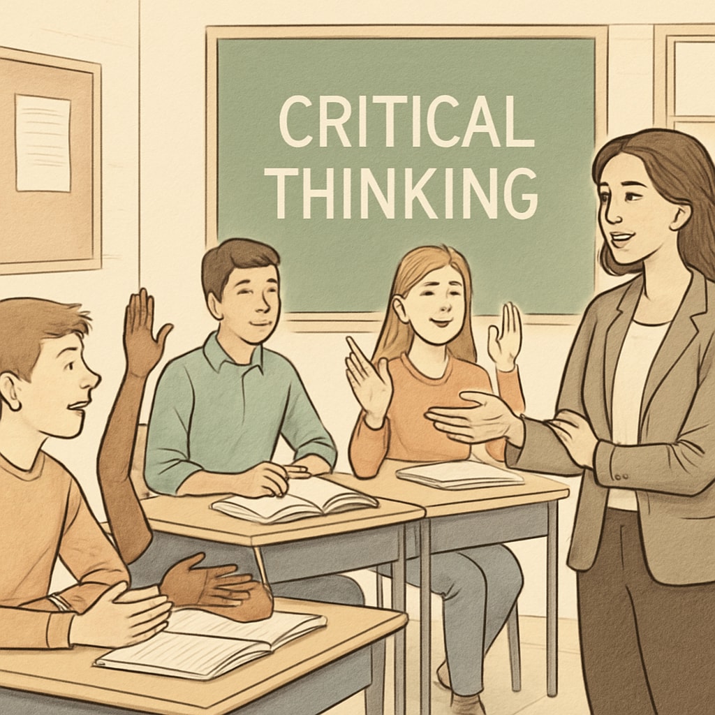 High school students discussing critical thinking in a classroom setting.