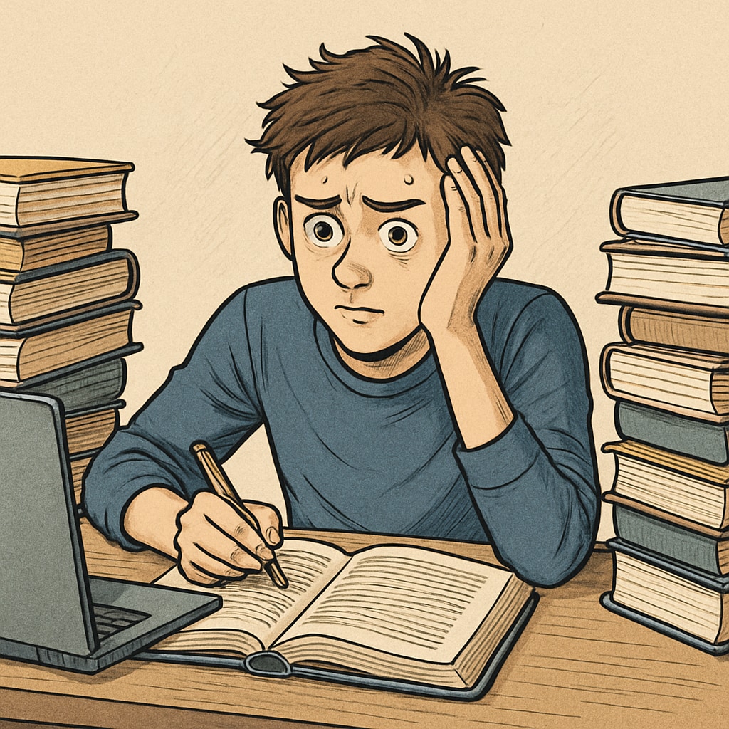 A teenager sitting at a desk surrounded by books and a laptop, appearing overwhelmed but determined. The image represents the challenges and effort associated with academic struggles. Teen facing academic challenges at a desk