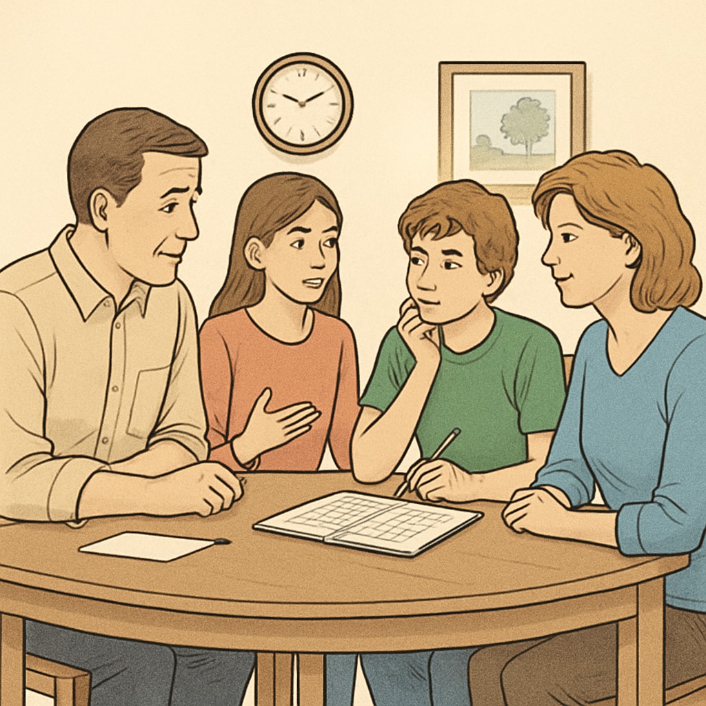 A family at a dining table, engaged in discussion and planning their day. The image symbolizes the importance of family support in helping teens develop healthy habits and motivation. Family discussing plans to support teen development