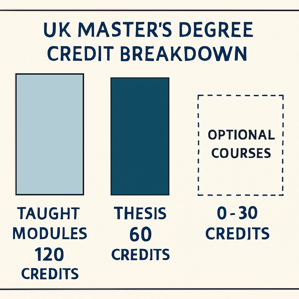 A diagram illustrating the credit breakdown of a UK master's degree program, showing the distribution of taught modules, thesis, and optional courses. Diagram showing UK master's degree credit breakdown, including taught modules and thesis.